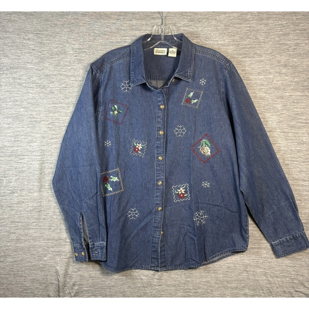 VTG 90s Classic Elements Denim Christmas Shirt XL Embroidered Holly Snowflake
